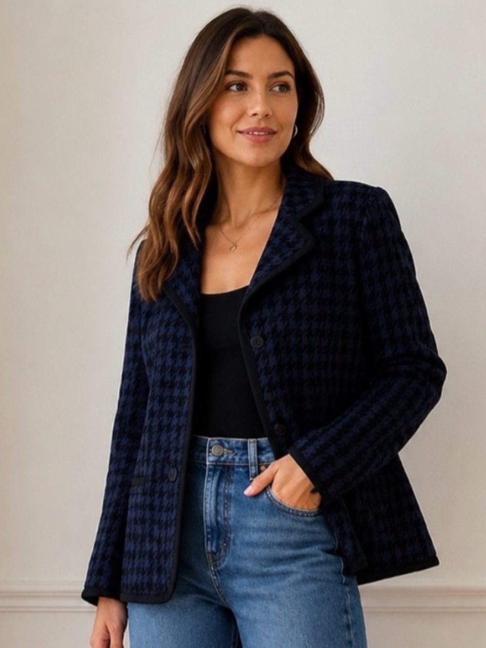 Sandro Paris Houndstooth Blazer Navy Blue Black Two Button Jacket Stretch XL
